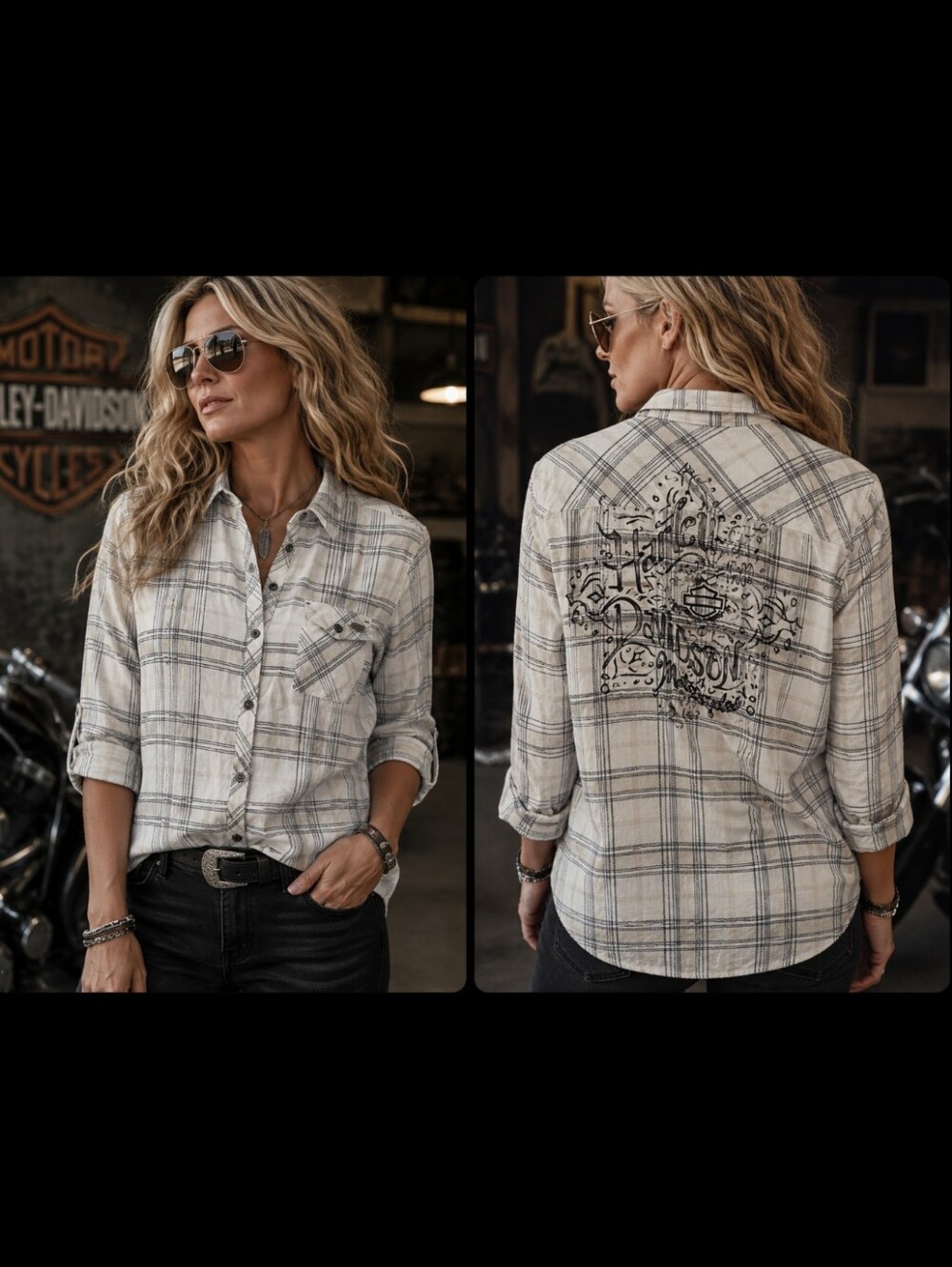 HARLEY-DAVIDSON - SIZE S Cream,White & Black Plaid Button-Down Shirt